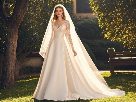 A radiant bride standing in a sunlit outdoor setting, wearing a flowing custom wedding dress with delicate lace and chiffon, her veil lifting slightly in the breeze.
