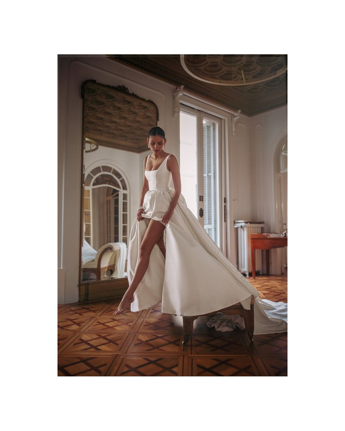 Sophisticated 2025 wedding dress with modern square collar and side slit skirt