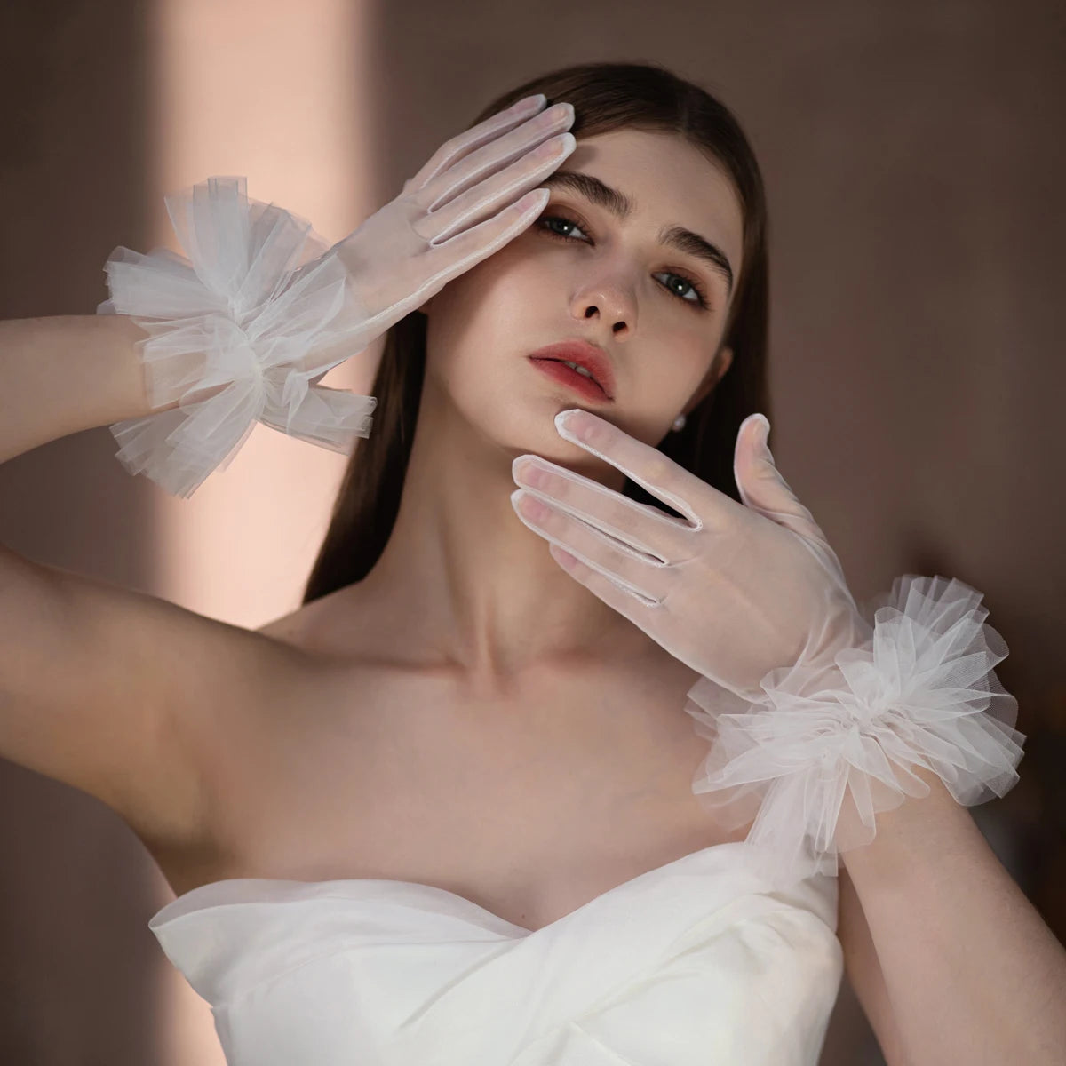 Short Tulle Bridal Gloves – Crystal Beaded Lace Appliqué