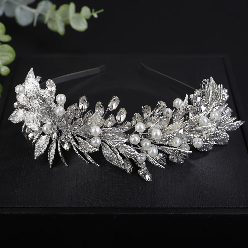 Trendy Grüne Perle Strass Krone – Blattgold Hochzeit & Party Tiara