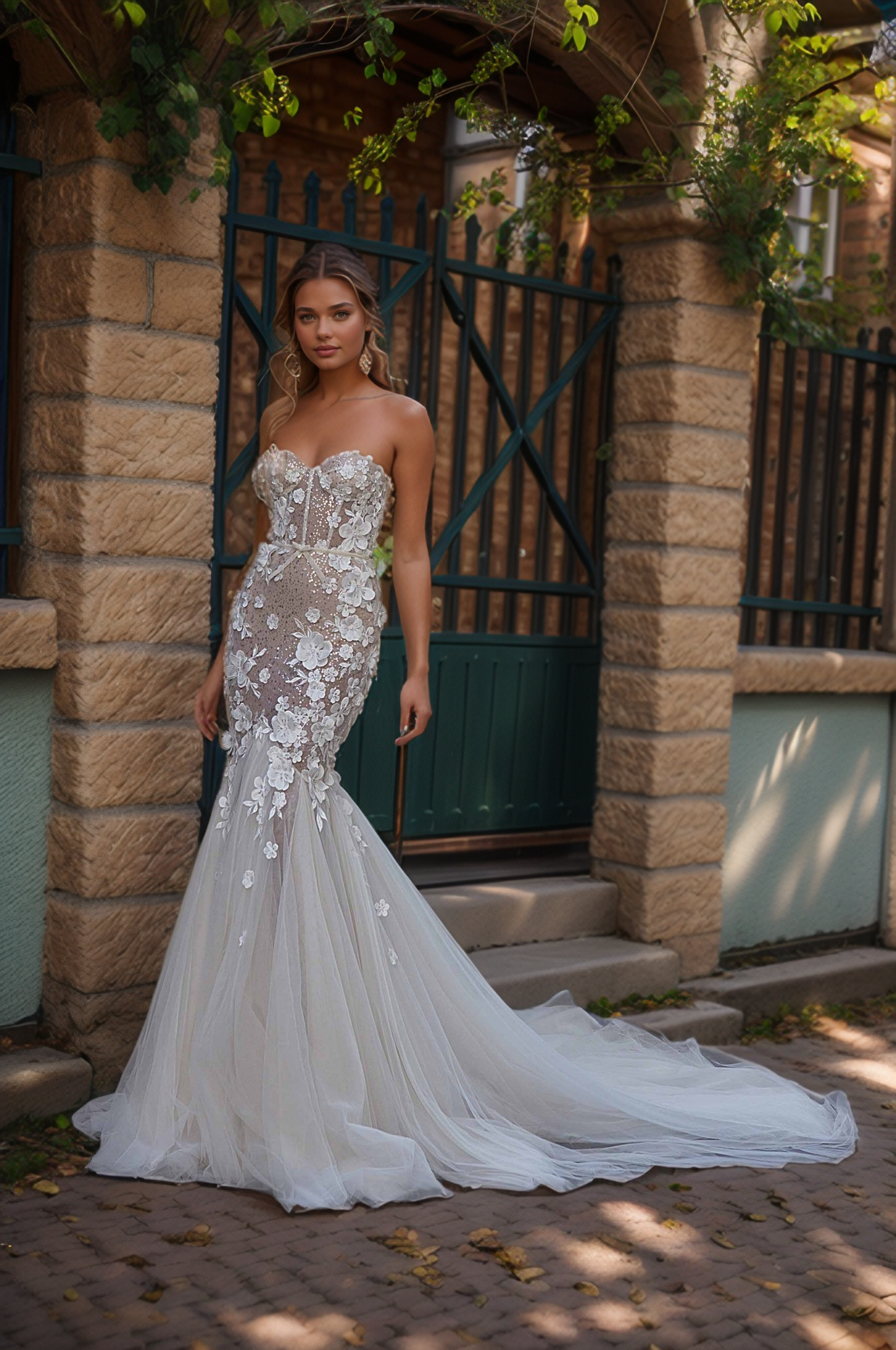 Glamorous Strapless Sheer Corset Mermaid Wedding Dress with Floral Appliqués