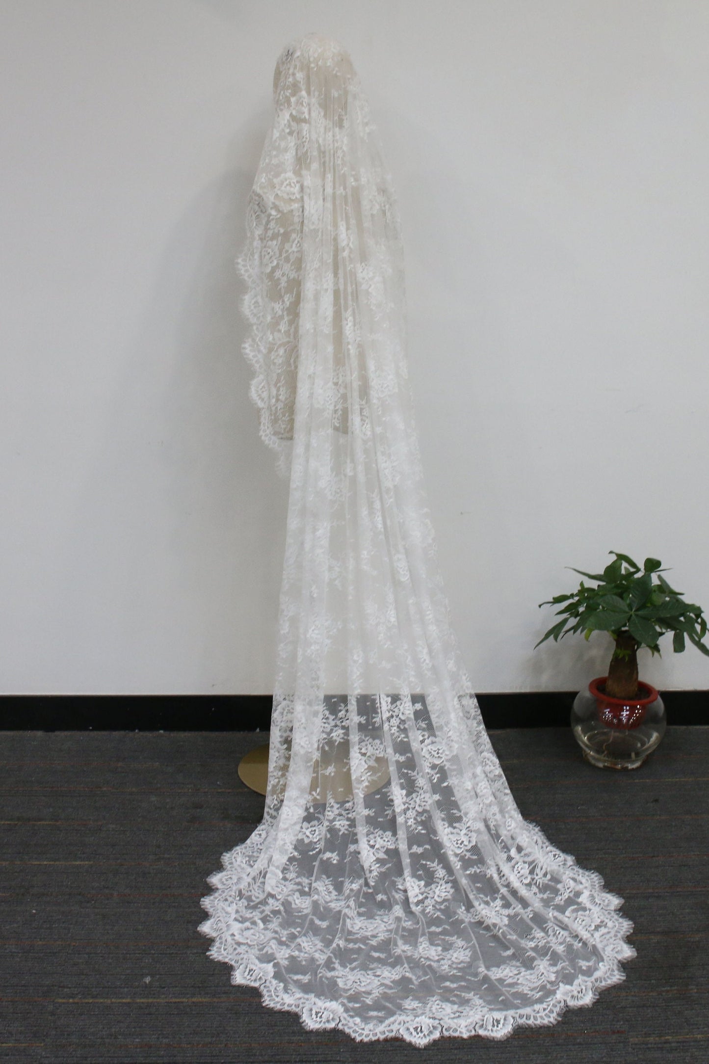 Vintage-Inspired Cathedral Lace Wedding Veil with Scalloped Edges