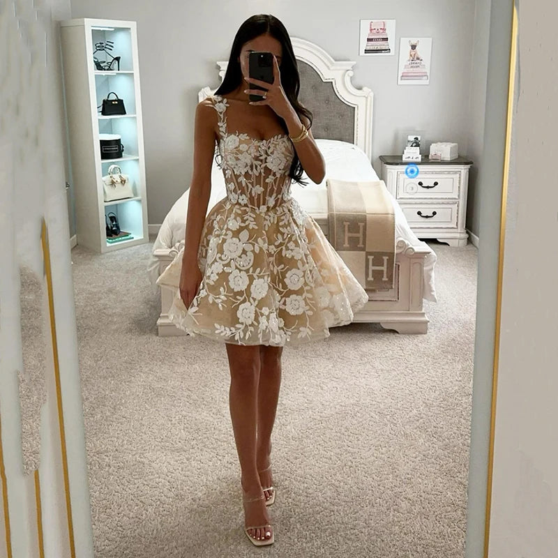 Champagne short wedding dress with 3D floral appliques and sheer corset bodice for modern brides