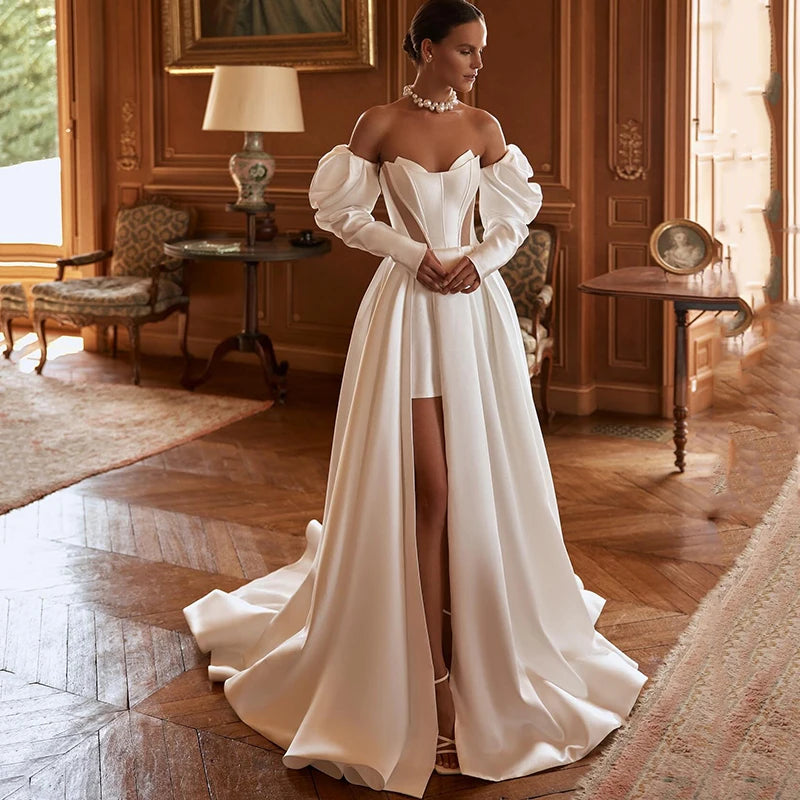 Elegant A-line wedding dress with corset bodice and high slit, designed in luxurious satin