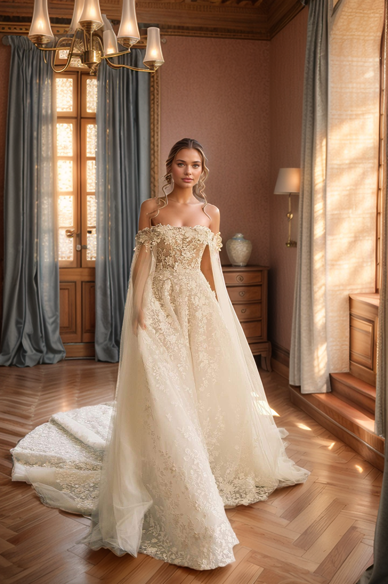 woman in elegant off-shoulder lace wedding dress with sheer cape in a luxurious room with chandelier