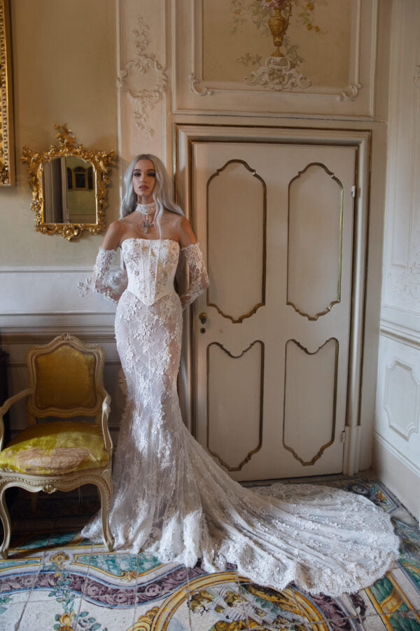 Sexy lace mermaid wedding dress with structured corset, perfect for elegant and bold brides.