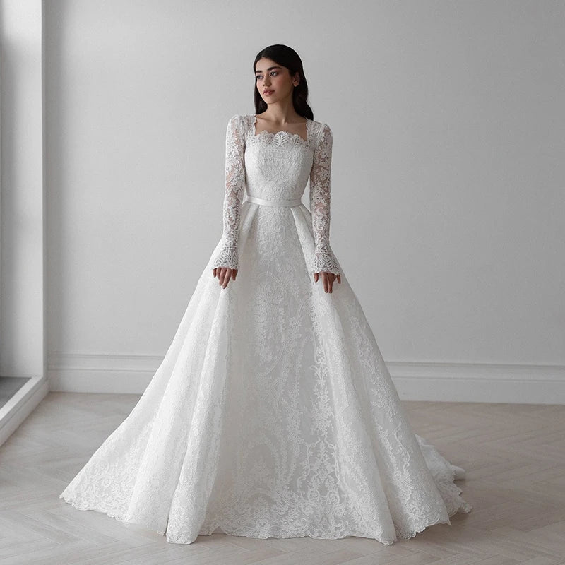 Elegant lace A-line wedding dress with long sleeves and square neckline