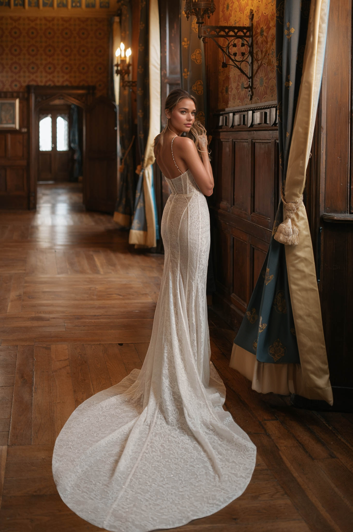 elegant strapless lace wedding dress with sweetheart neckline and long train in a luxurious interior