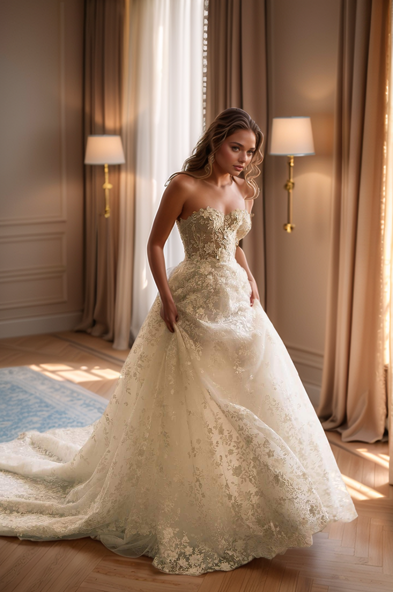 off-shoulder lace wedding dress with sheer cape on a woman in a sunlit elegant room