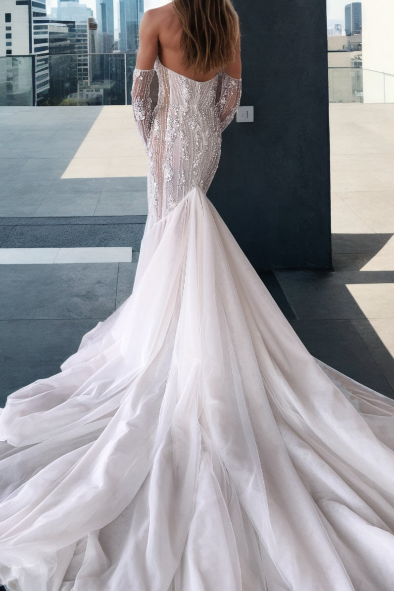 Personalized Sparkling Mermaid Bridal Gown With Sweetheart Neckline, Long Detached Sleeves, And Flowing Tulle Train In Soft Ivory Tulle With Glittering Beading