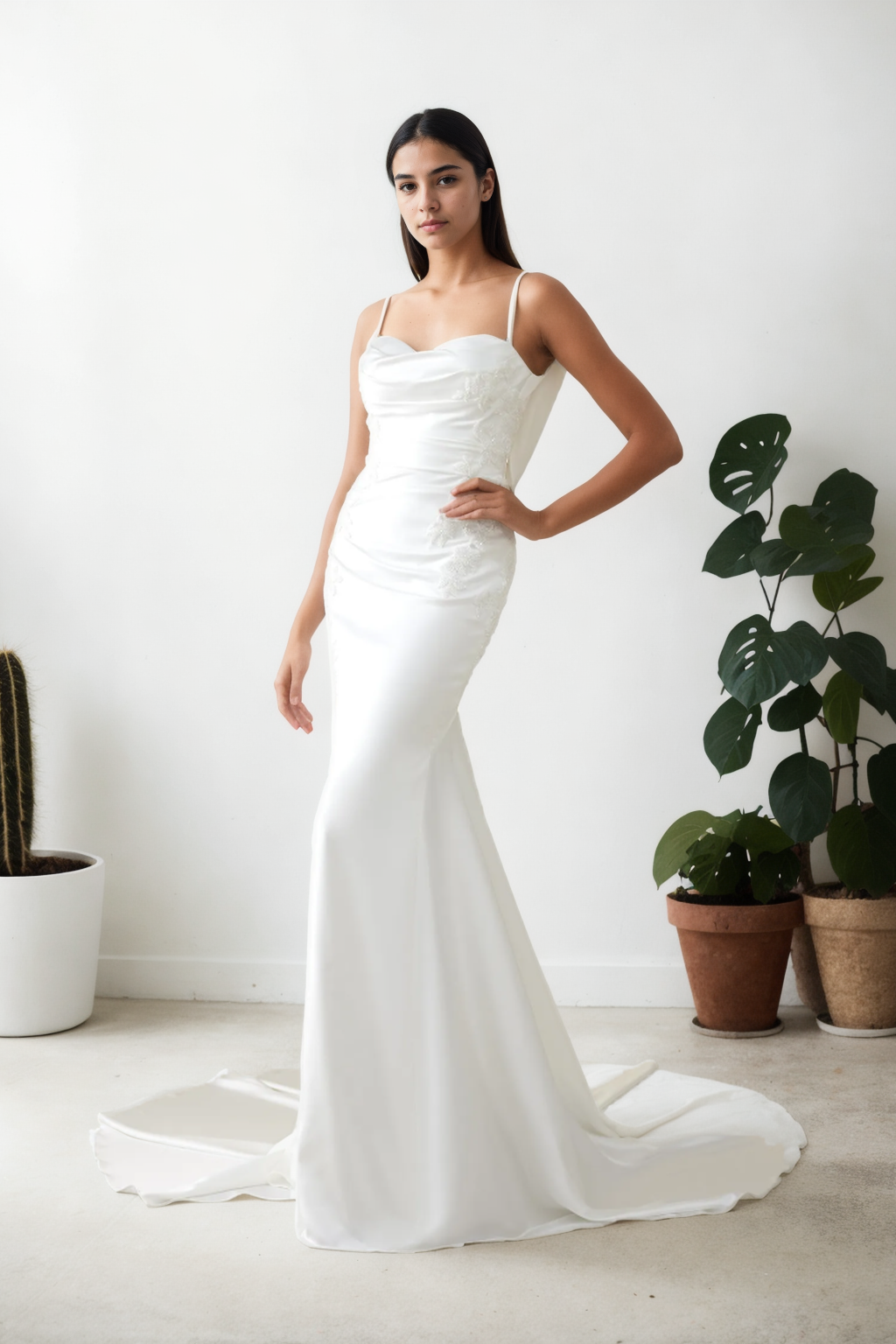 Minimalist Mermaid Bridal Gown With Sweetheart Neckline, Spaghetti Straps, Soft Flowing Train In Premium Off-White Satin