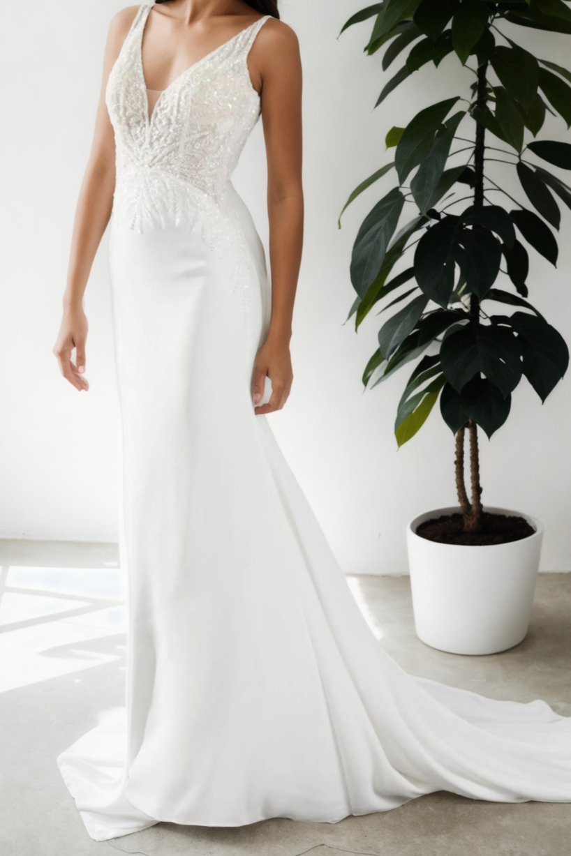 Custom Off-White Satin Mermaid Wedding Dress with Beading & Flared Train