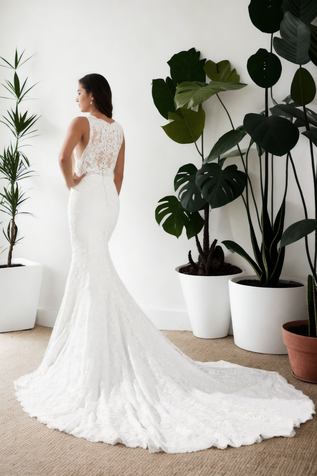 ashionable Mermaid Bridal Gown With Deep V-Neck, Beaded Floral Lace, Spaghetti Straps, And Modest Back Design For Elegant Brides