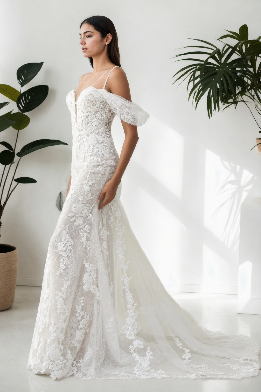 Custom Elegant Mermaid Bridal Gown In Premium Ivory Floral Lace And Tulle With Plunging Off-Shoulder Neckline, Spaghetti Straps, And Luxurious Long Train