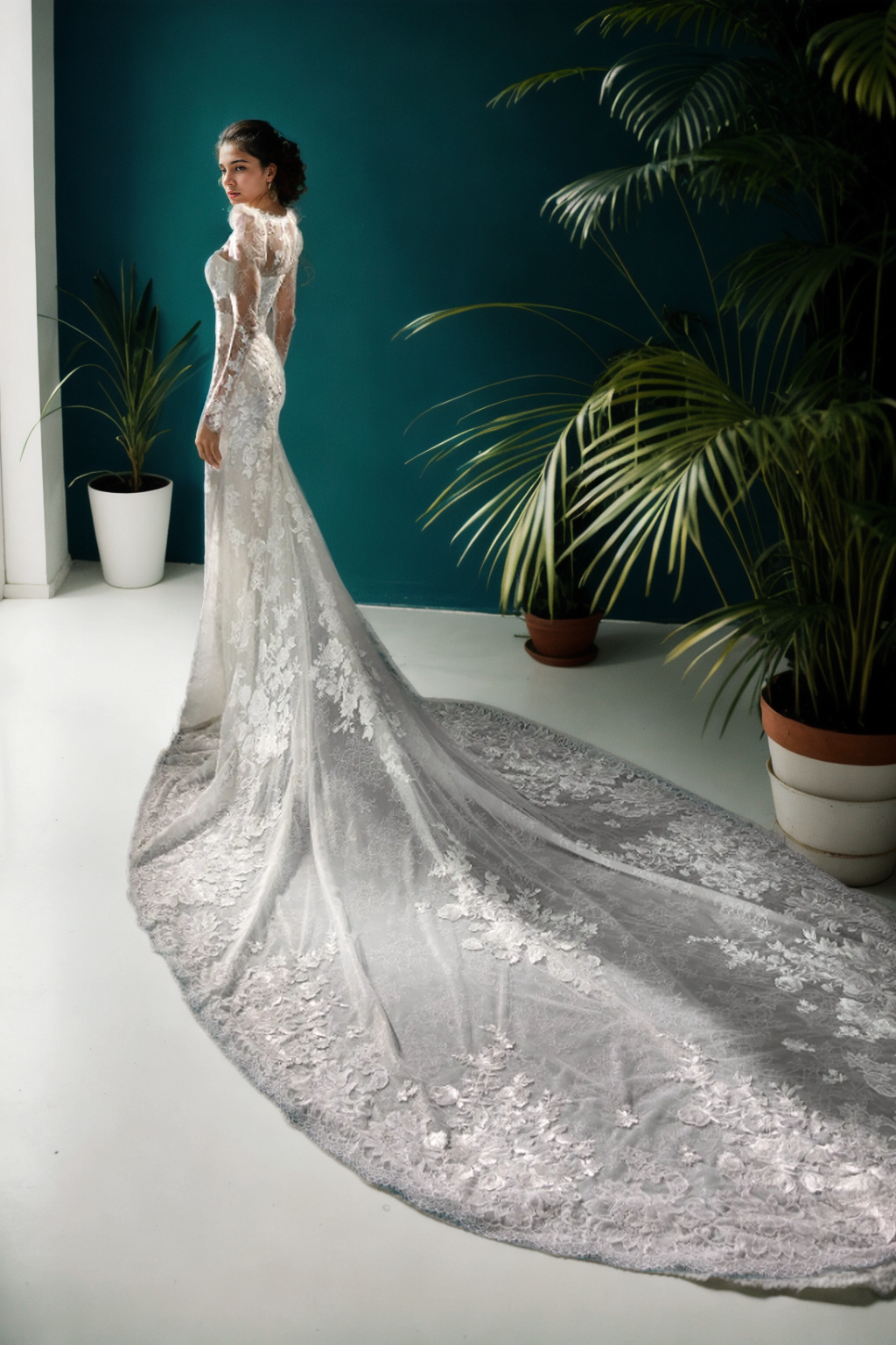 Luxurious Mermaid Bridal Gown With Deep V-Neck, Long Sleeves, Soft Train In Premium Off-White Floral Lace