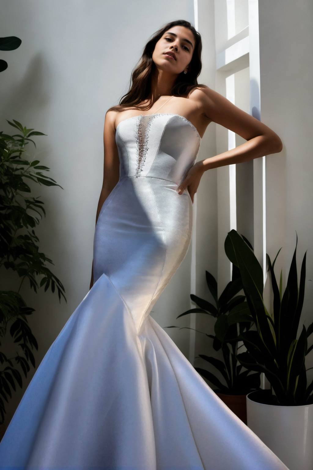 Seductive Custom Mermaid Bridal Gown In Glossy Off-White Satin With Deep Plunging Neckline, Sleeveless Design, And Beautiful Floor-Length Flared Train