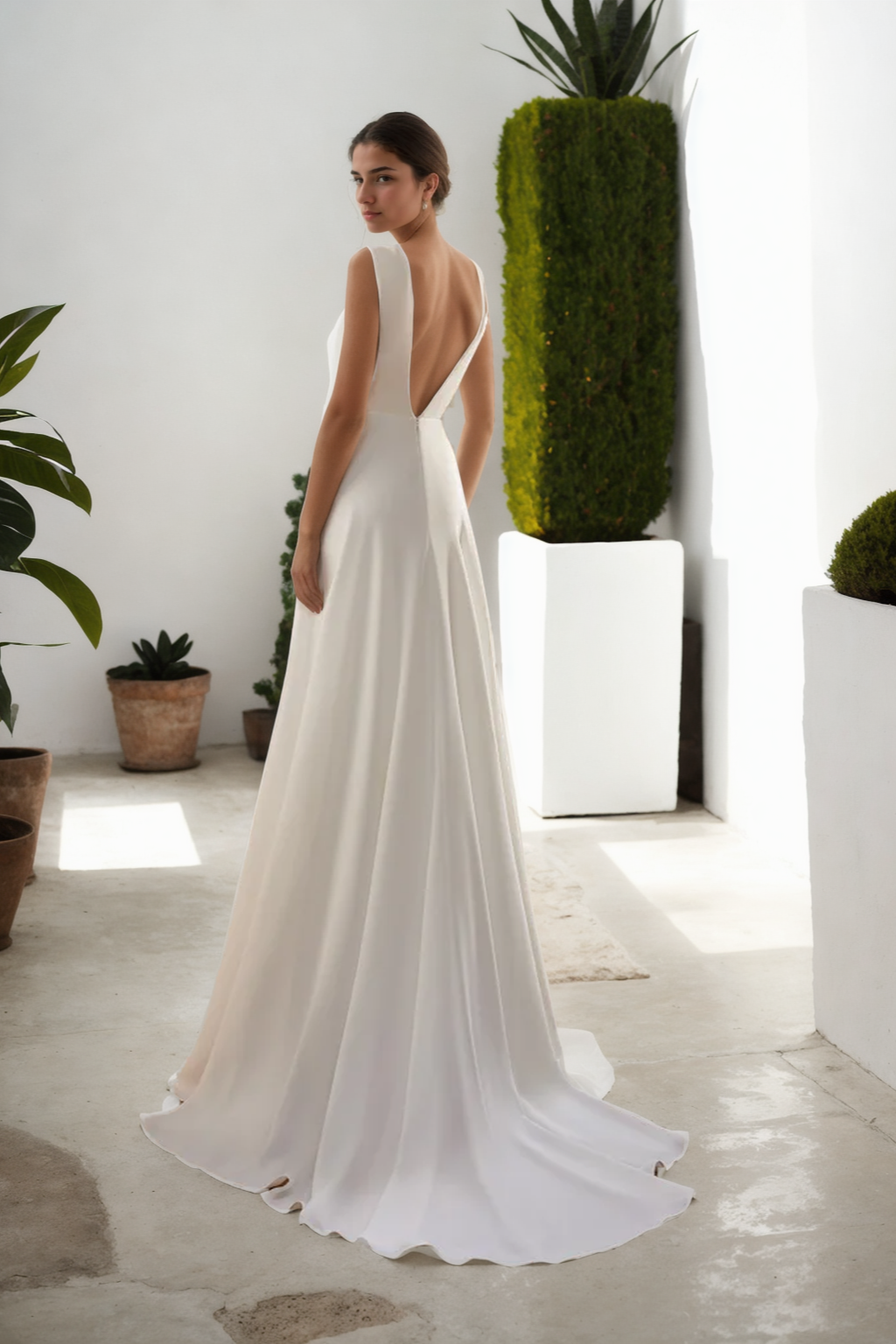 Trendy Custom A-Line Bridal Gown In Thick Ivory Satin With Deep V-Neck, Sleeveless Design, Open Back, And Long Floor-Length Train