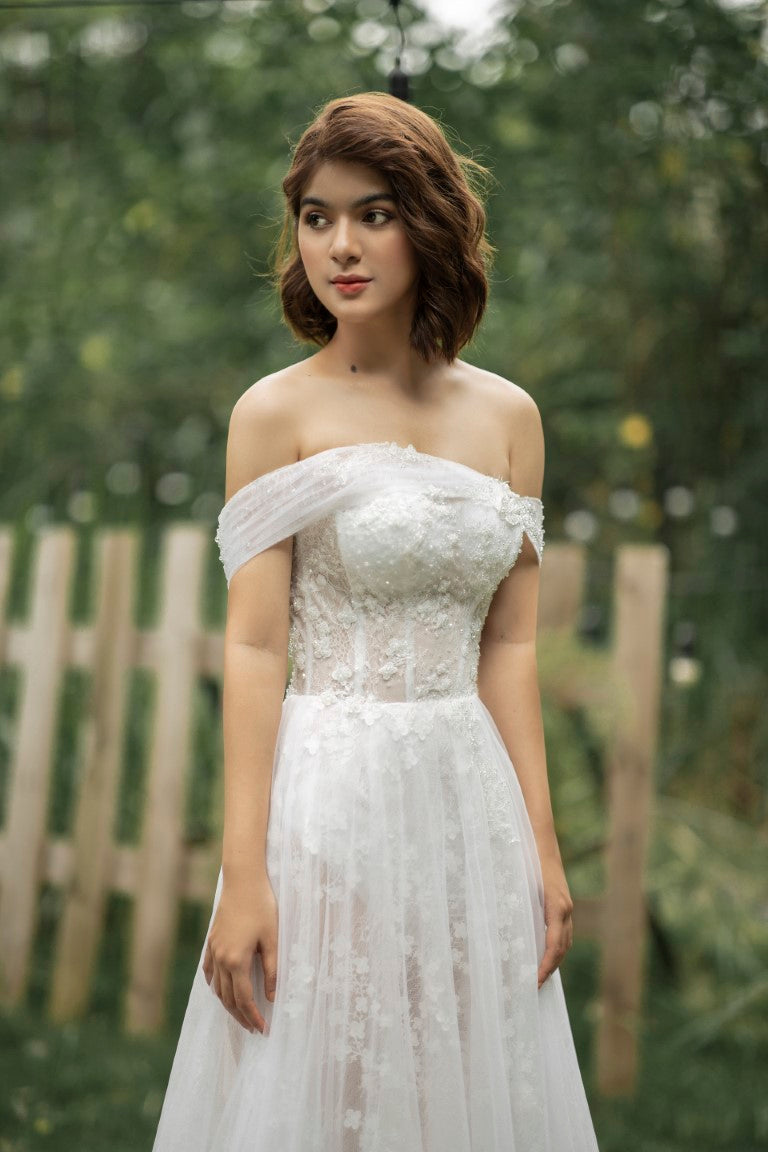 Gorgeous Off-Shoulder Wedding Dress with Thigh-High Slit , Corset A Line Wedding Dress with Floral Lace