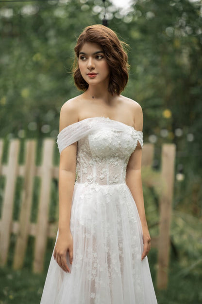 Calliope - "Captivating Sparkle: Gorgeous Off-Shoulder Wedding Dress with Thigh-High Slit"
