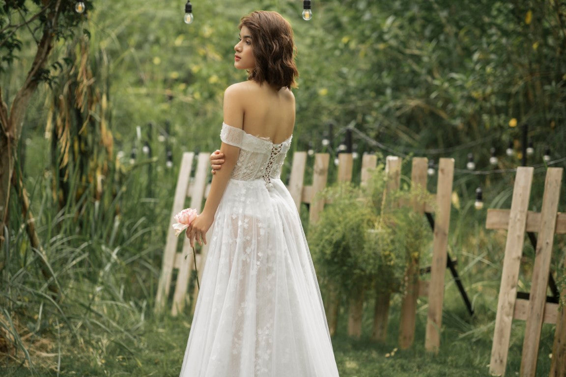 Calliope - "Captivating Sparkle: Gorgeous Off-Shoulder Wedding Dress with Thigh-High Slit"