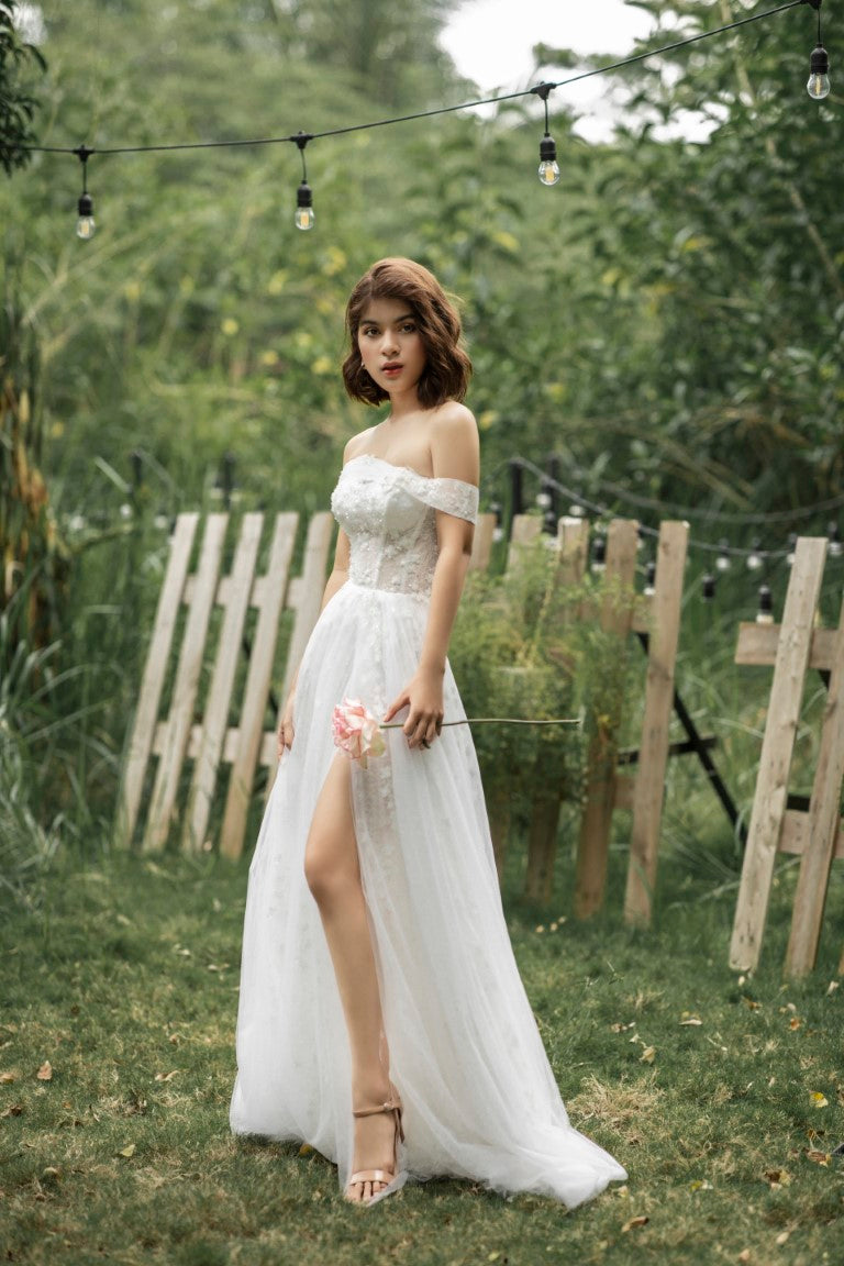 Gorgeous Off-Shoulder Wedding Dress with Thigh-High Slit , Corset A Line Wedding Dress with Floral Lace