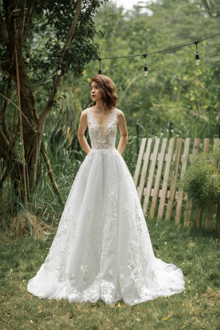 Floral Lace A-Line Wedding Dress with V-Neckline and Open Back