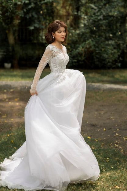 Meliora - "Timeless Glamour: Luxurious Long-Sleeved A-Line Corset Wedding Dress with Sparkling Floral Lace"
