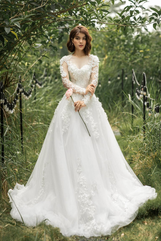 Luxurious Floral Lace A-Line Corset Wedding Dress with Long Sleeves and Sparkling Embellishments"