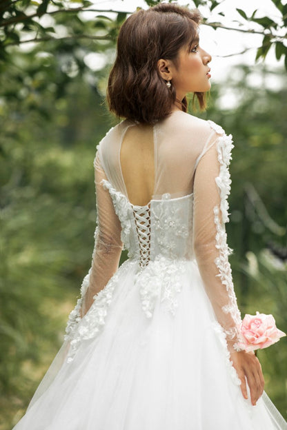 Eirian - "Opulent Splendor: Luxurious Floral Lace A-Line Corset Wedding Dress with Long Sleeves and Sparkling Embellishments"