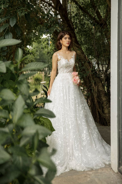 Eirian - "Sparkling Romance: Alluring A-Line Wedding Gown with Open Back and Opulent Glitter Embroidery"