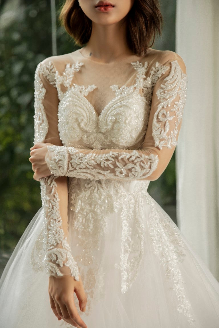 Long Sleeve Corset Luxury Princess Wedding Dress with Sparkling Lace