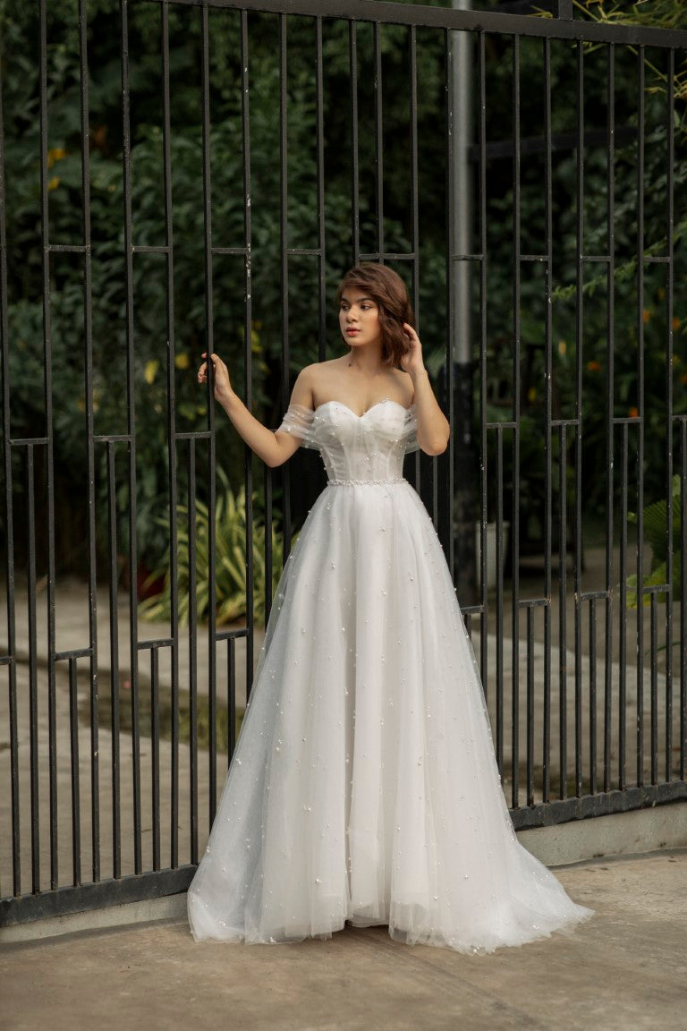 Off-Shoulder A-Line Wedding Gown: Corset Adorned with Stunning Beaded Glitter - Shine Bright