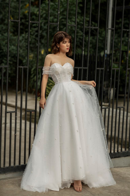 Off-Shoulder A-Line Wedding Gown: Corset Adorned with Stunning Beaded Glitter - Shine Bright