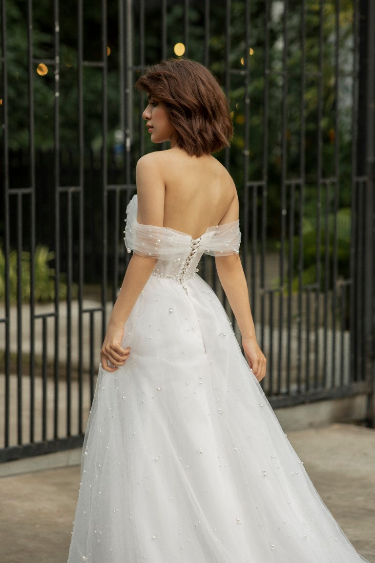 Off-Shoulder A-Line Wedding Gown: Corset Adorned with Stunning Beaded Glitter - Shine Bright