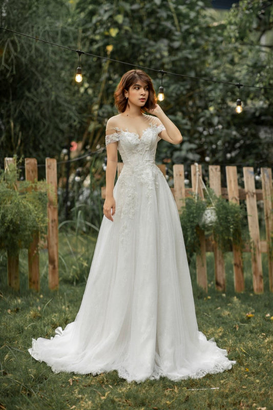 Luxurious Off-Shoulder A-Line Bridal Gown: Floral Lace Glitter and Delicate Elegance