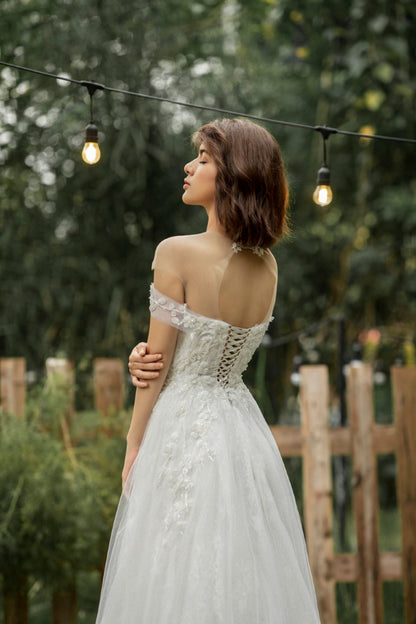 Luxurious Off-Shoulder A-Line Bridal Gown: Floral Lace Glitter and Delicate Elegance