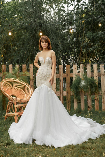 Sarah - Enchanting Floral Lace Mermaid Bridal Gown: See-Through Shoulder and Alluring Deep Neckline - Embrace Your Beauty
