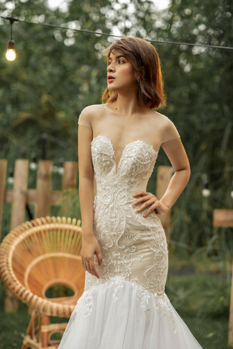 Floral Lace Mermaid Bridal Gown: See-Through Shoulder and Alluring Deep Neckline - Embrace Your Beauty