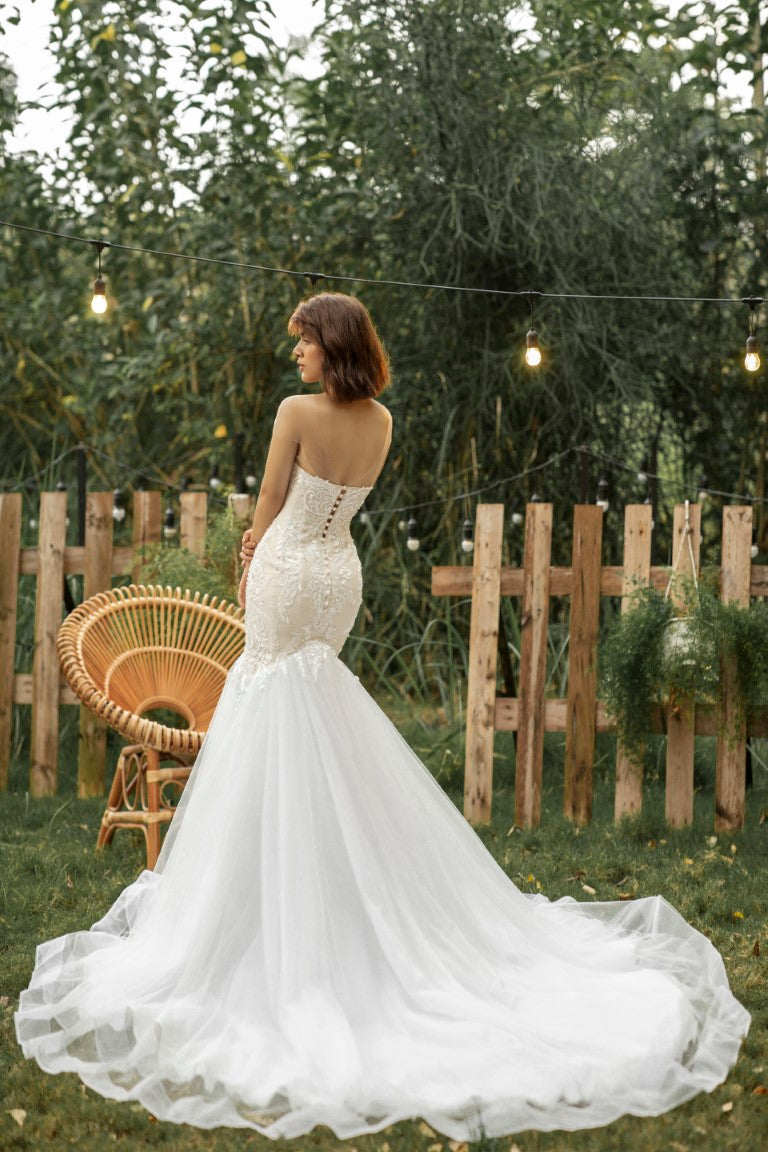 Sarah - Enchanting Floral Lace Mermaid Bridal Gown: See-Through Shoulder and Alluring Deep Neckline - Embrace Your Beauty