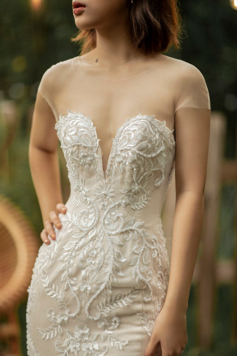 Floral Lace Mermaid Bridal Gown: See-Through Shoulder and Alluring Deep Neckline - Embrace Your Beauty