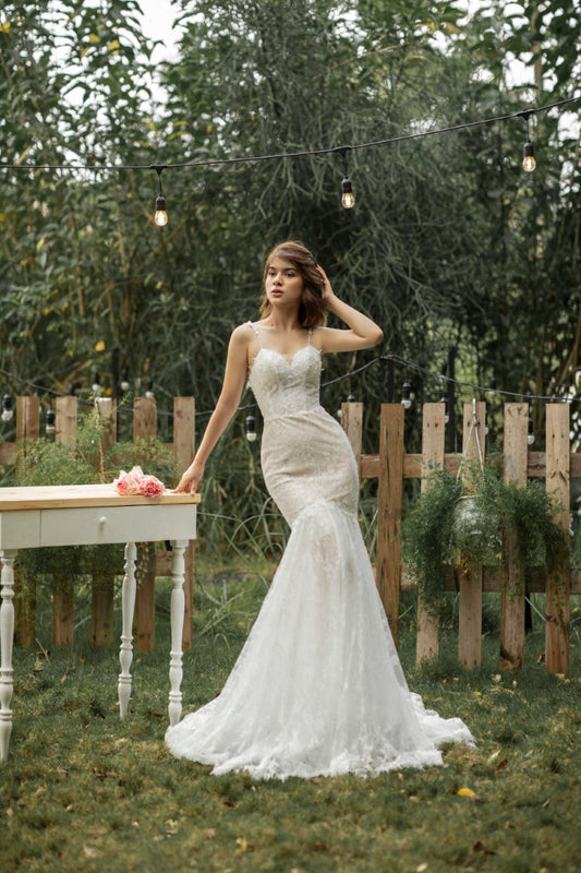 Romantic Mermaid Wedding Dress , Floral Lace and Beautiful Shoulder Straps