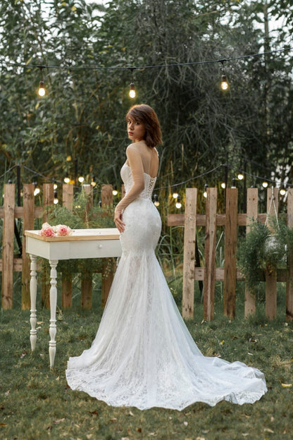 Adela - Graceful Deep V Neckline Mermaid Wedding Dress: Delicate Floral Lace and Long Sleeves - Unveil Your Allure
