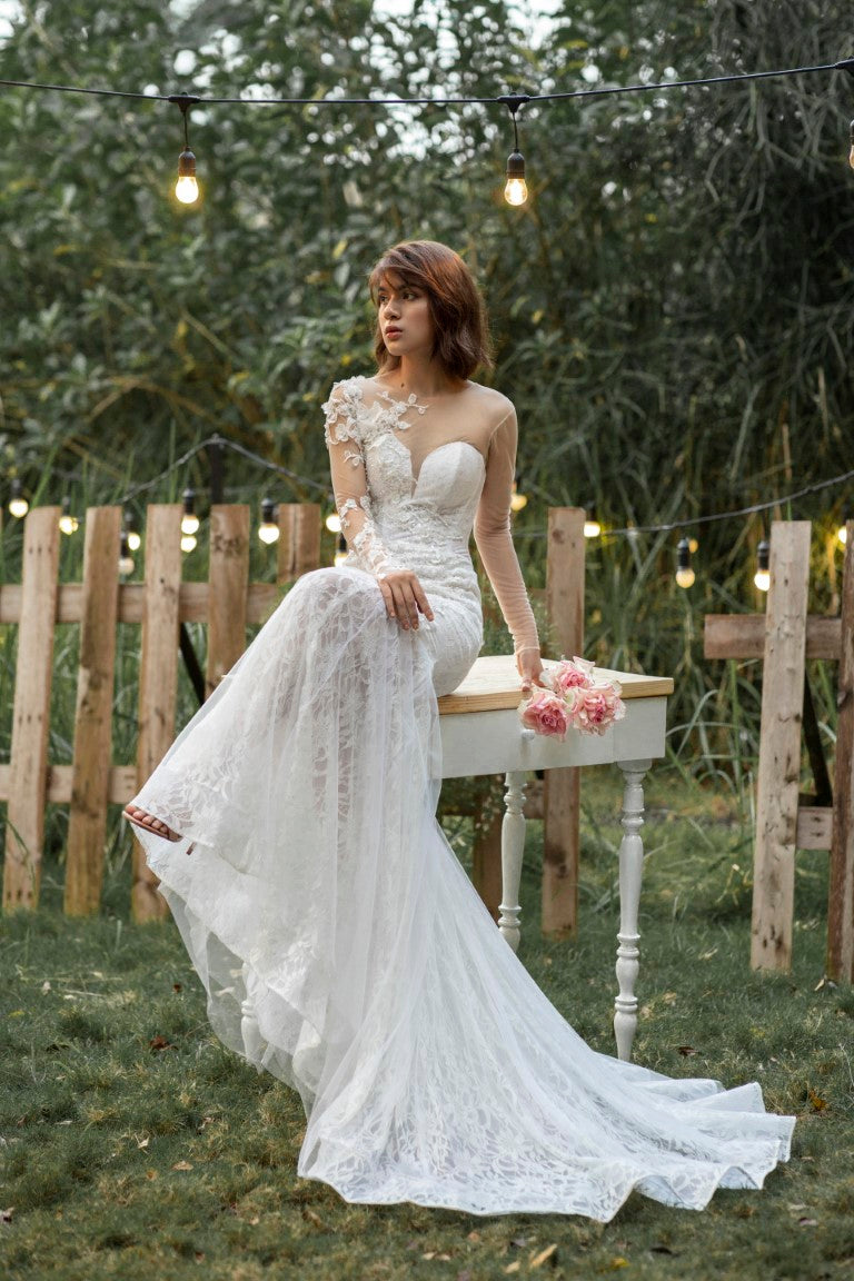 Graceful Deep V Neckline Mermaid Wedding Dress: Delicate Floral Lace and Long Sleeves - Unveil Your Allure
