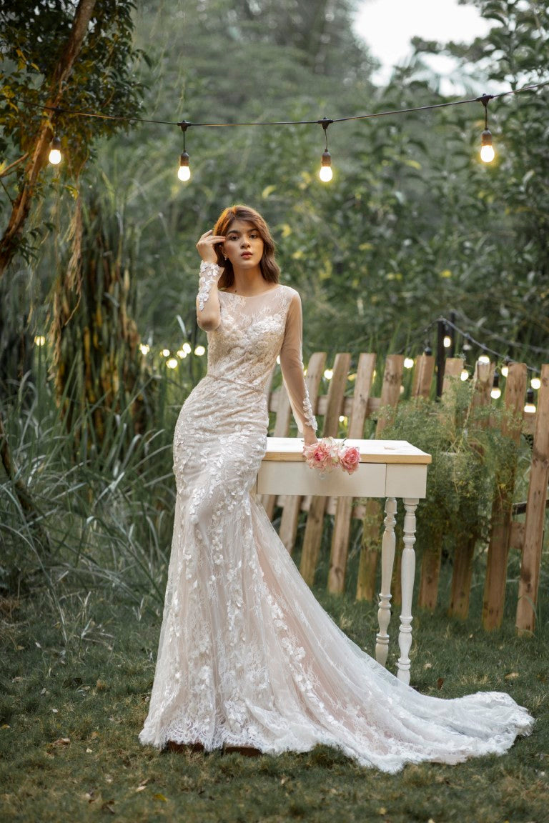 Alva - Elegant Long Sleeve Mermaid Wedding Gown: Horizontal Neckline and Glittering Floral Lace - Unveil Your Beauty