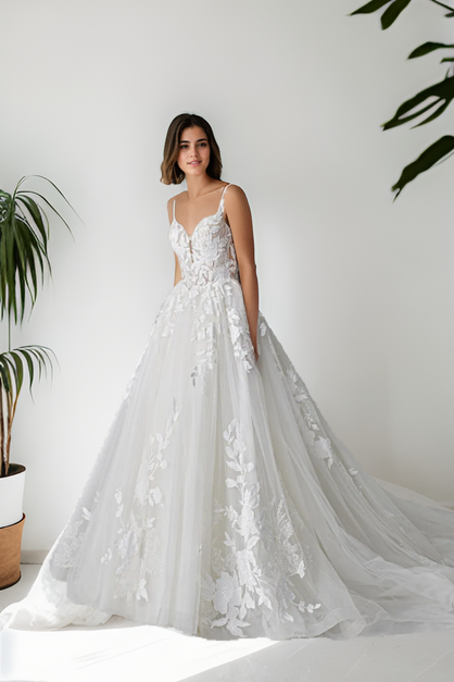 Romantic Custom A-Line Bridal Gown In Soft Tulle And Premium Off-White Floral Lace With Sweetheart Neckline, Spaghetti Straps, And Long Romantic Train