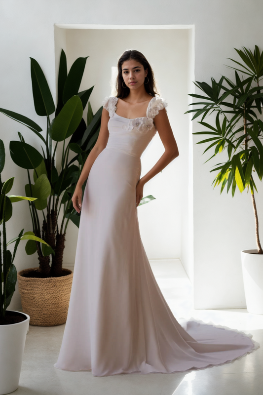 Minimalist A-Line Wedding Dress In Lightweight Ivory Satin With Beautiful 3D Floral Embellishments, Straight Neckline, Spaghetti Straps, And Floor-Length Train