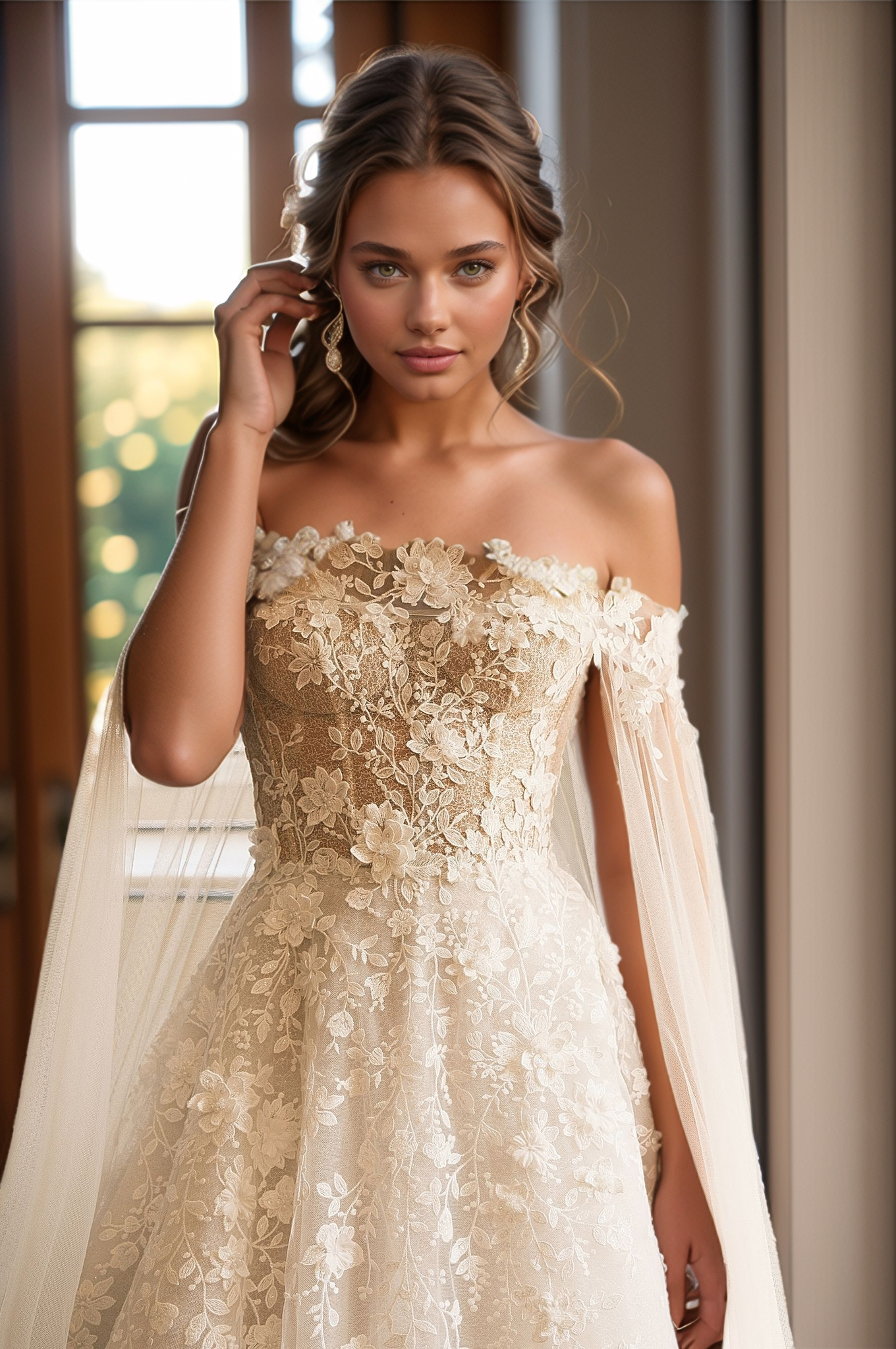 woman wearing a lace wedding dress with off-shoulder design and sheer cape by a large window