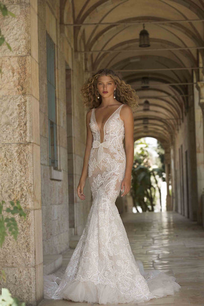 Sexy Mermaid Wedding Dress With Deep V- neckline and luxurious floral lace
