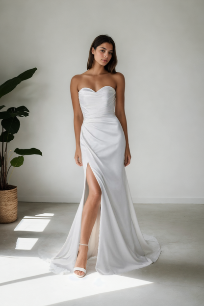 Minimalist Mermaid Wedding Dress In Lightweight Premium Off-White Satin With Sweetheart Neckline, Detached Sleeves, And High-Slit Long Train