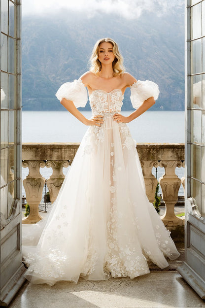 Romantic Ivory Tulle Bridal Gown With 3D Floral Lace, Sweetheart Neckline, Puffy Detachable Short Sleeves, And Light Flared Train